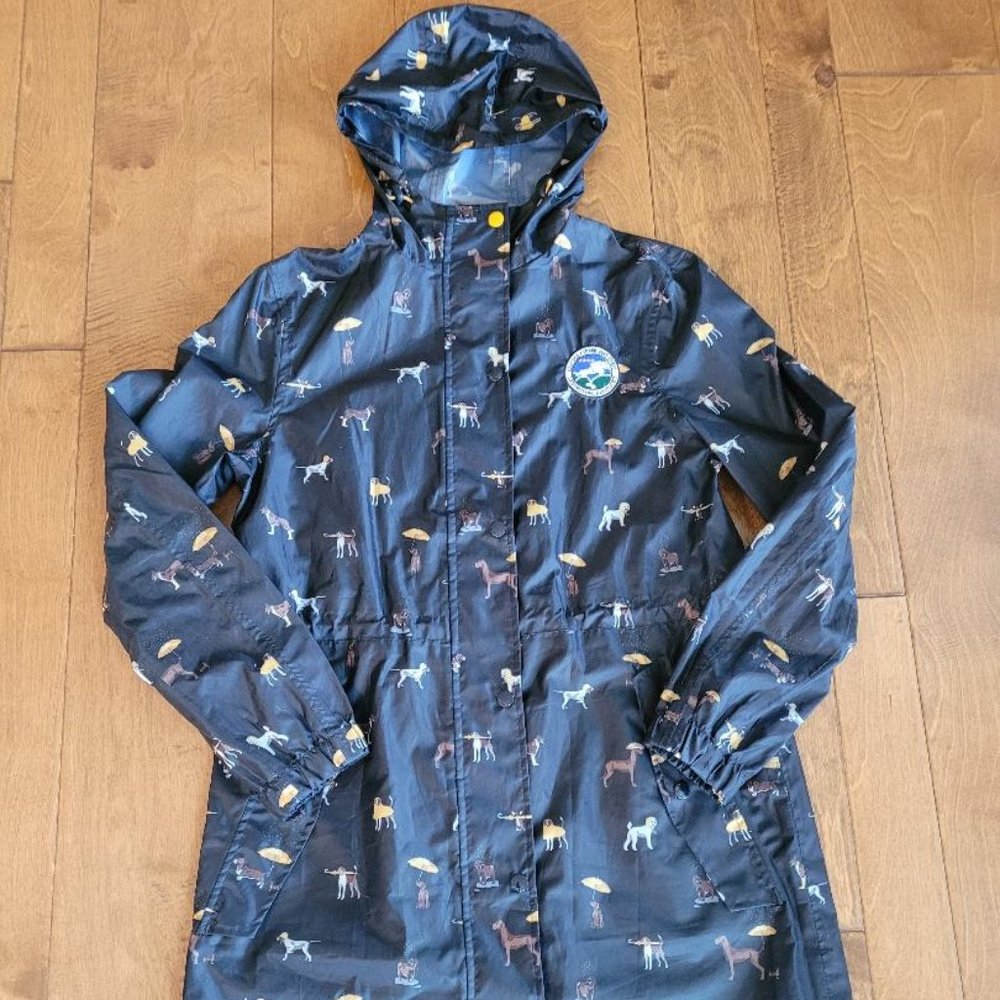 Joules Navy Right as Rain Dog Print Packable Hooded Raincoat- Size 6